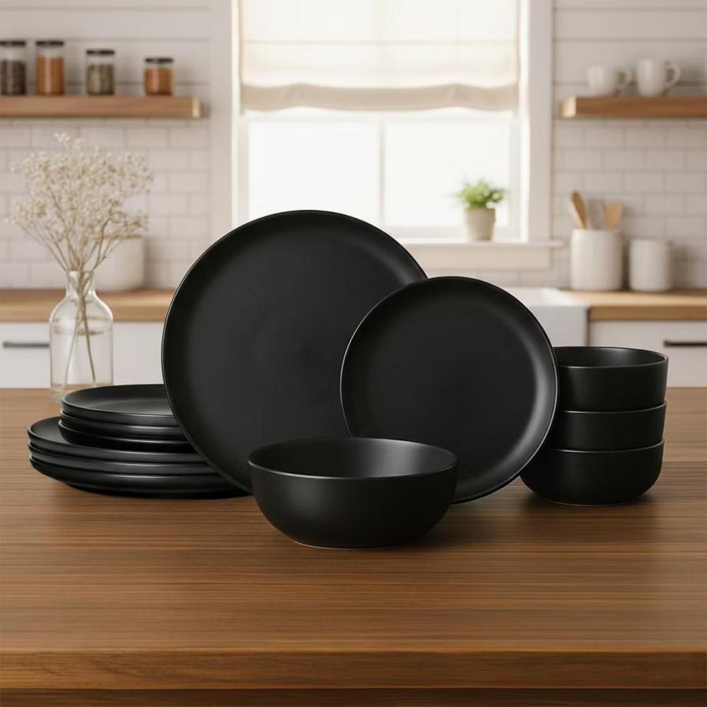 GreenElevate Stoneware Elegance 12-Piece Dinnerware Set for 4, Plates&Bowls, Microwave & Dishwasher Safe, Non-Toxic Matte Glaze, Stackable Kitchenware