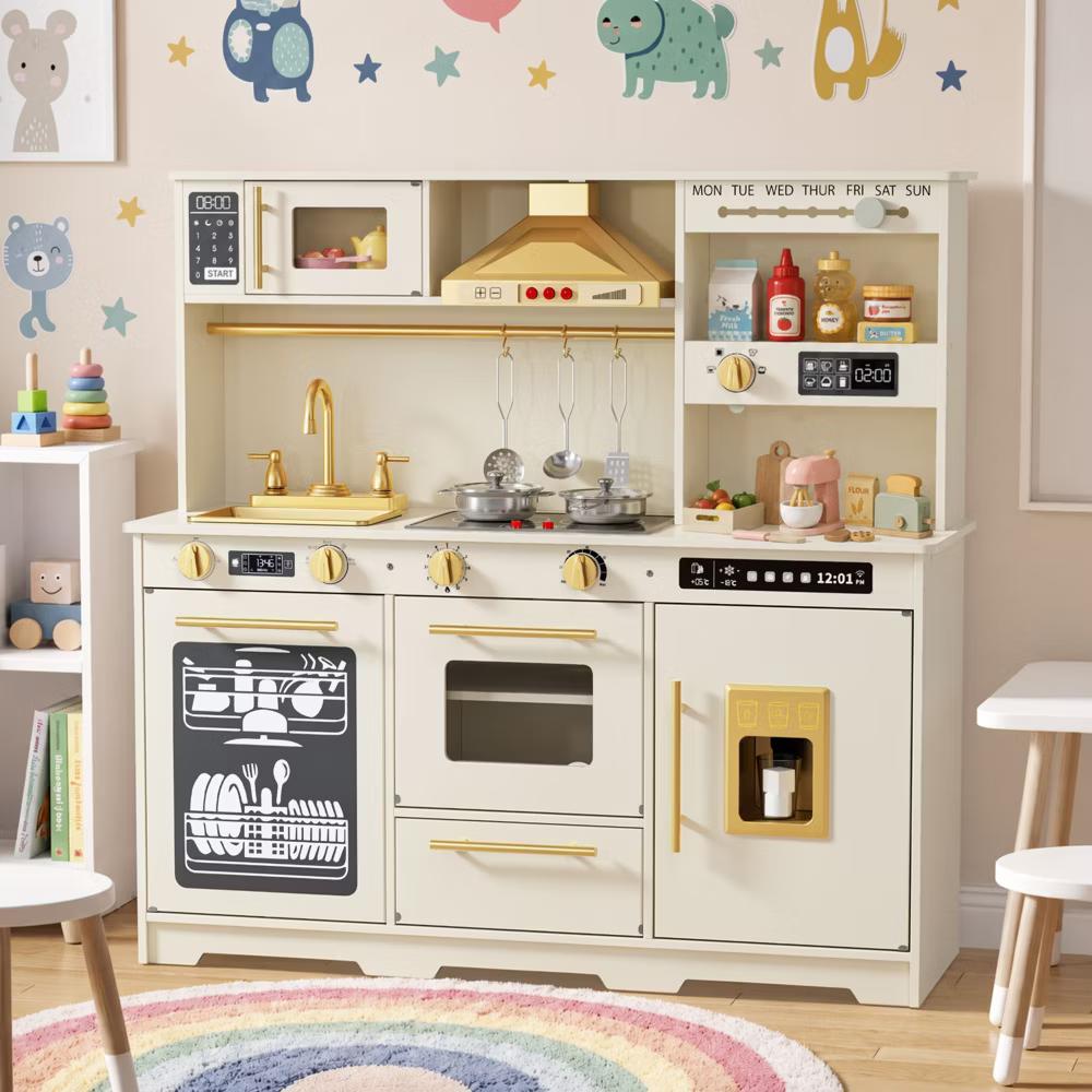 Wooden Play Kitchen for Kids with Running Water Sink, Interactive Stove, Ice Maker, Microwave, Oven & Dishwasher, Ages 3+ - Image 12