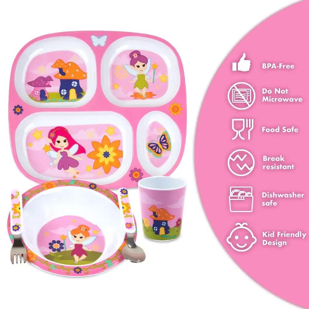 Bentology 5 Pc Fairy Theme Mealtime Set for Kids & Toddlers, Divided Plate Cup Bowl Fork Spoon-Dishwasher Safe- Compartment Dish for Self-Feeding - Image 2