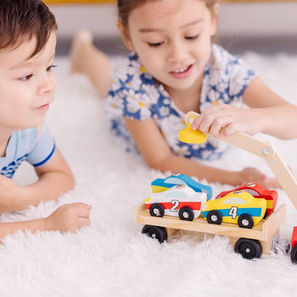 Magnetic Car Loader Wooden Toy Set With 4 Cars and 1 Semi-Trailer Truck - Image 3