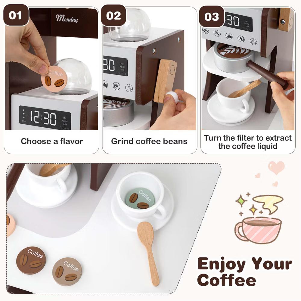 Corner Kitchen Playset with Coffee Machine Oven Microwave Washing Machine White/Brown/Pink - Image 11