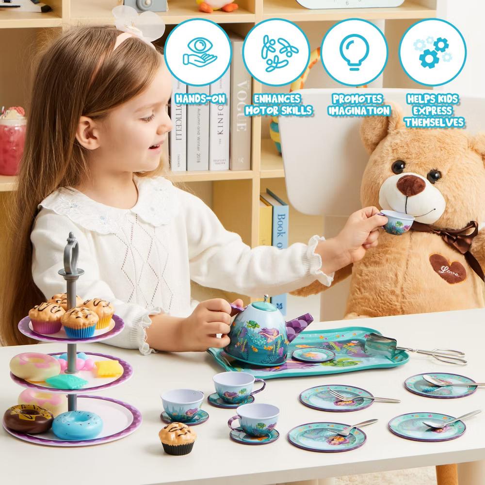 35Pcs Mermaid Tea Party Set for Girls,with Pretend Tin Teapot Set, Princess Tea Time Play Kitchen Toy,Best Birthday Gifts for Kids Age 3-6 - Image 4