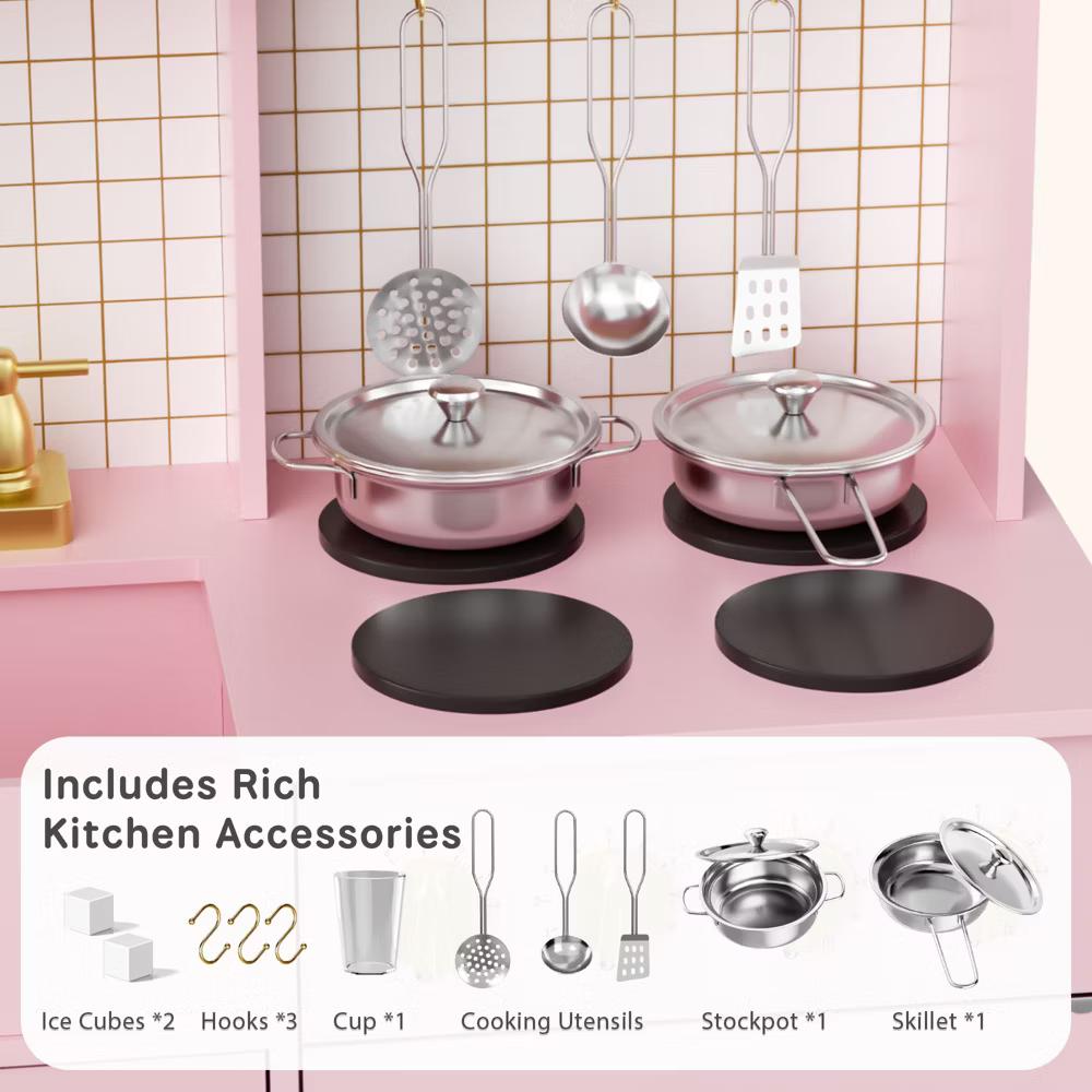 Wooden Play Kitchen with Running Water Sink, Clicking Stove Knobs, Microwave, Oven, Ice Maker & Storage, Ages 3+ - Image 28