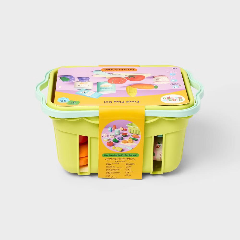 Grocery Basket with Play Food- 18 Piece - Plastic, Ages 2+, Includes Play Fruit & Vegetables