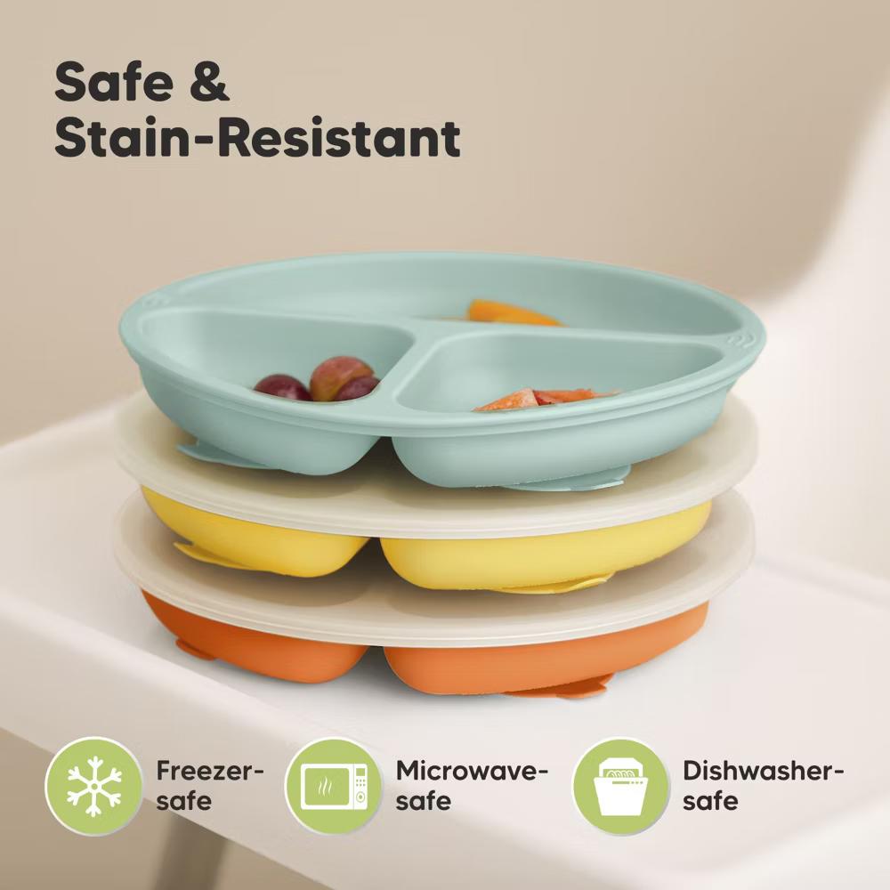 3-Pack Prep Suction Plates with Lids, 100% Silicone Baby Plates with Lid, BPA-Free Kids Divided Toddler Plates - Image 5