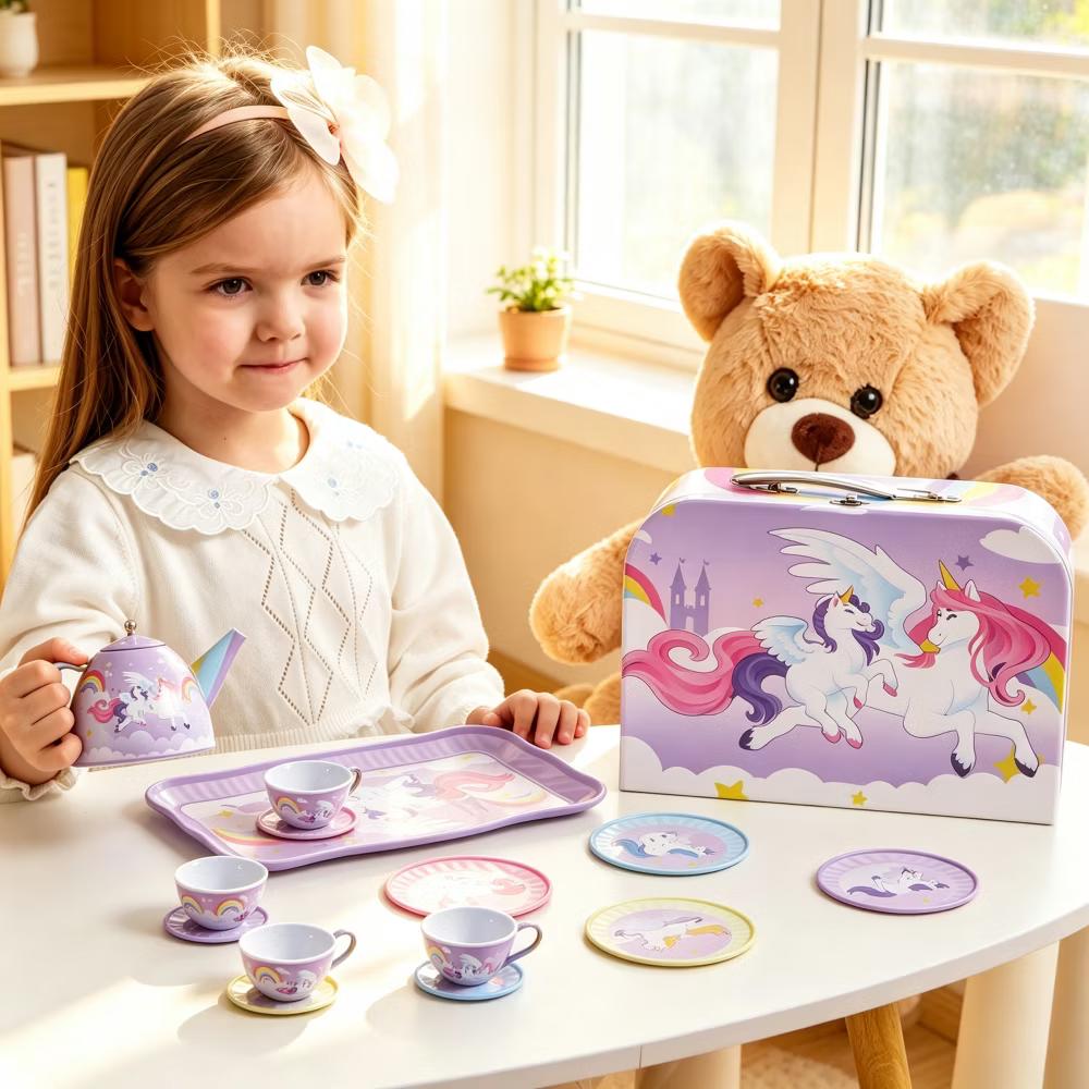 15PCS Unicorn Tea Party Set for Little Girls, Pretend Tin Teapot Set, Princess Tea Time Play Kitchen Toy w/ Case, Birthday Gift for Kids Age 3-6 - Image 4