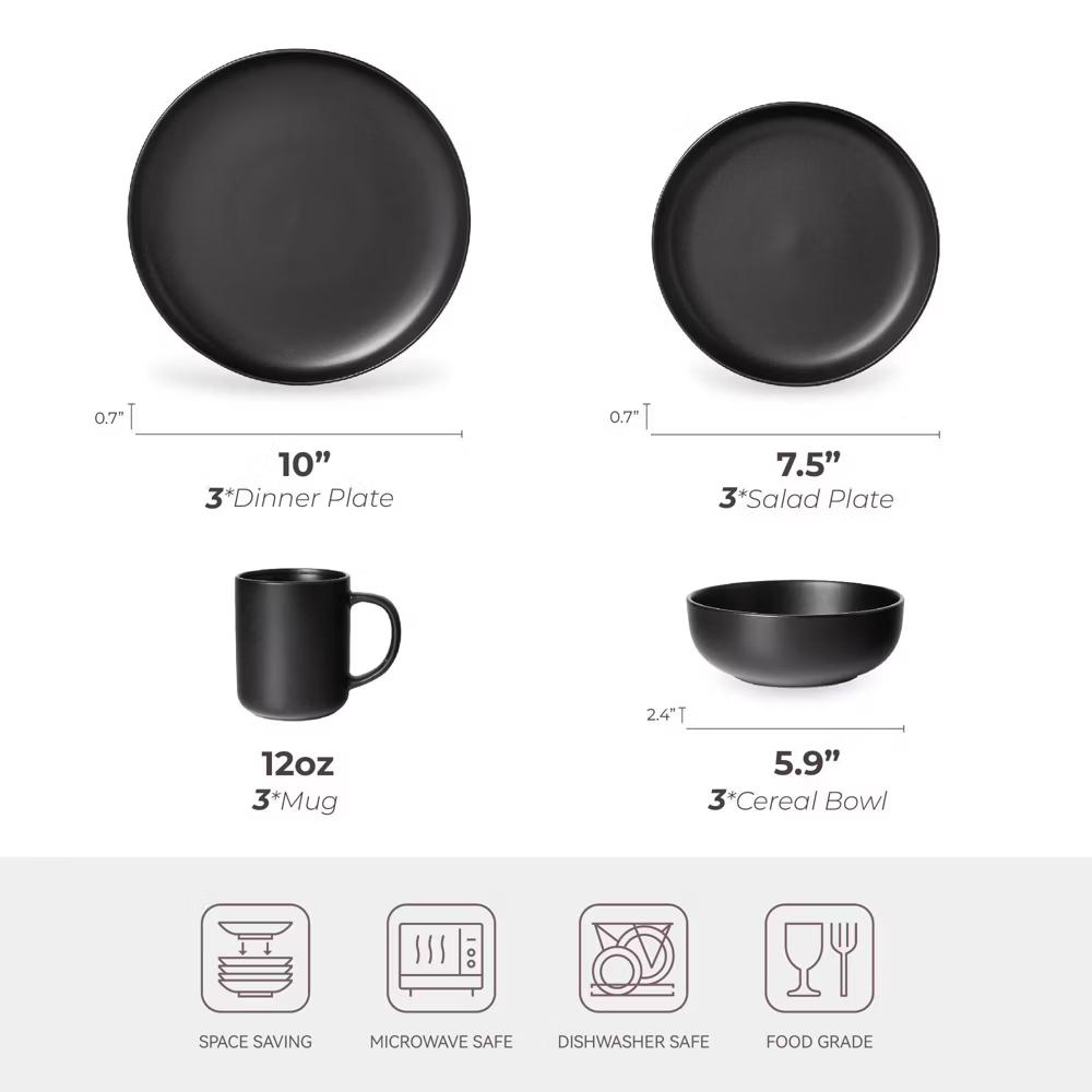 12-Piece Stoneware Dinnerware Set with Mugs, Microwave & Dishwasher Safe, Non-Toxic Dish Set, Plate Set, Stackable Matte Glaze Kitchenware for 3 - Image 2