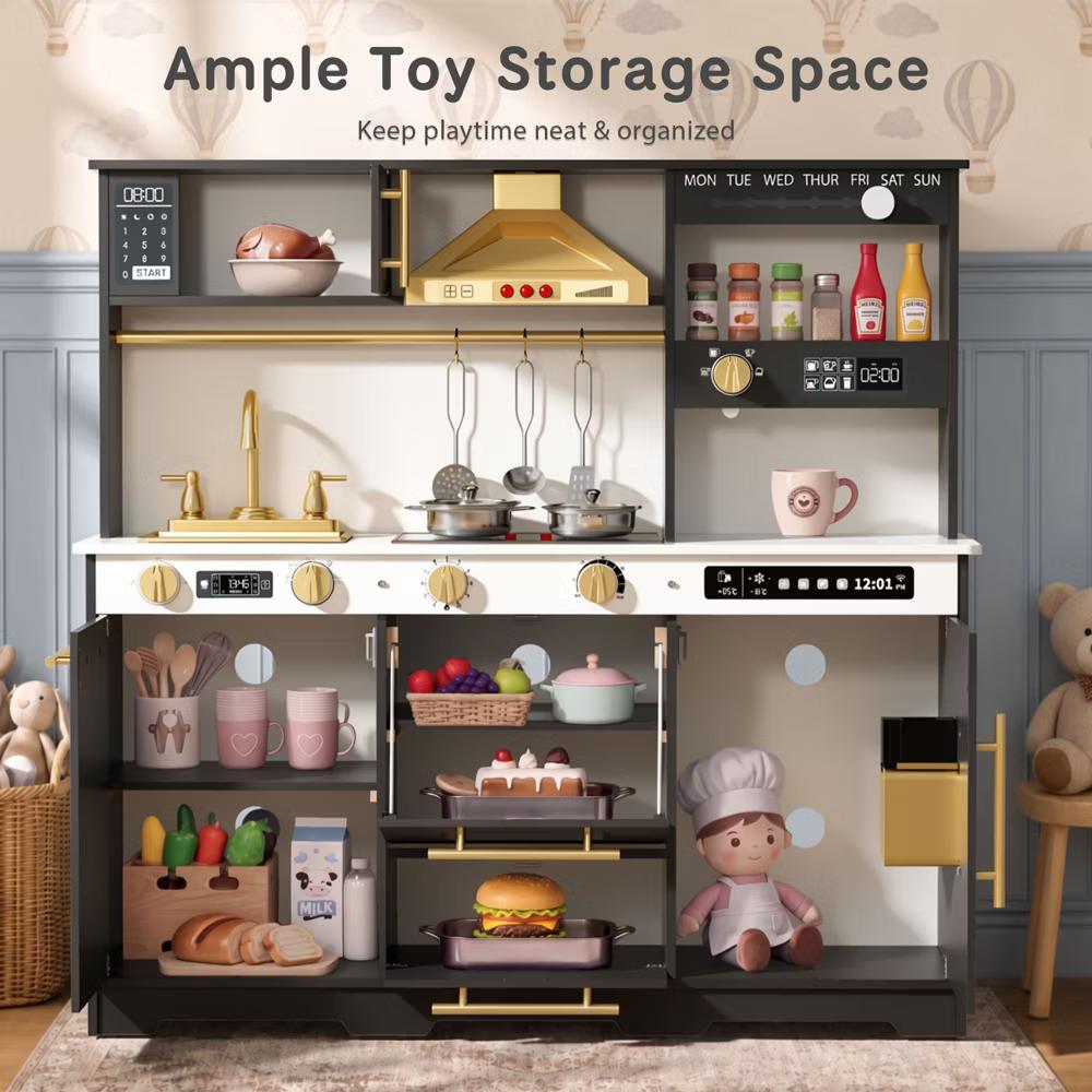 Wooden Play Kitchen for Kids with Running Water Sink, Interactive Stove, Ice Maker, Microwave, Oven & Dishwasher, Ages 3+ - Image 17