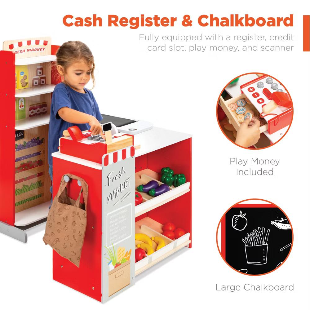 Kids Pretend Play Grocery Store Wooden Supermarket Set w/ Chalkboard, Cash Register - Red - Image 19