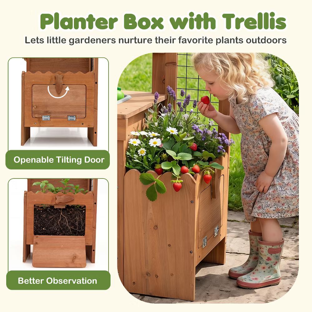 Kids Mud Kitchen with Detachable Bird Cage, Planter, Trellis, 2 Sinks, Stoves - Image 5