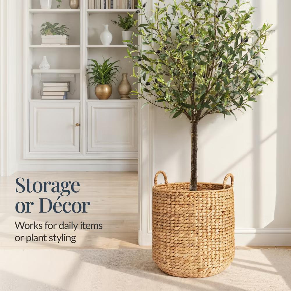 Round Storage Basket w/ Handles, Handwoven Water Hyacinth, Storage Organizer Tote - Natural - Image 16