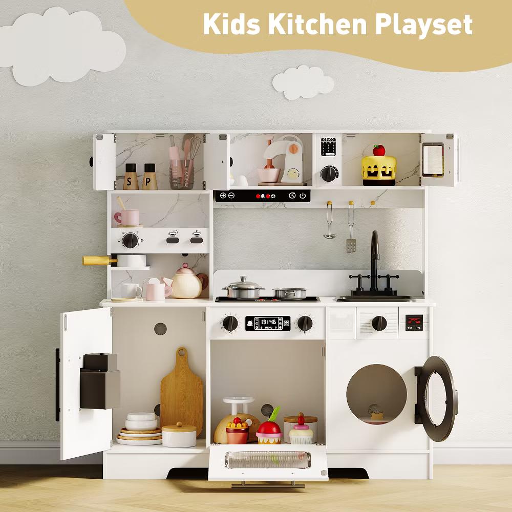 Wooden Play Kitchen for Kids, Wooden Kids Play Kitchen Playset with Lights Sounds, Toddler Pretend Cooking Set with Toy Food Cookware Accessories - Image 8