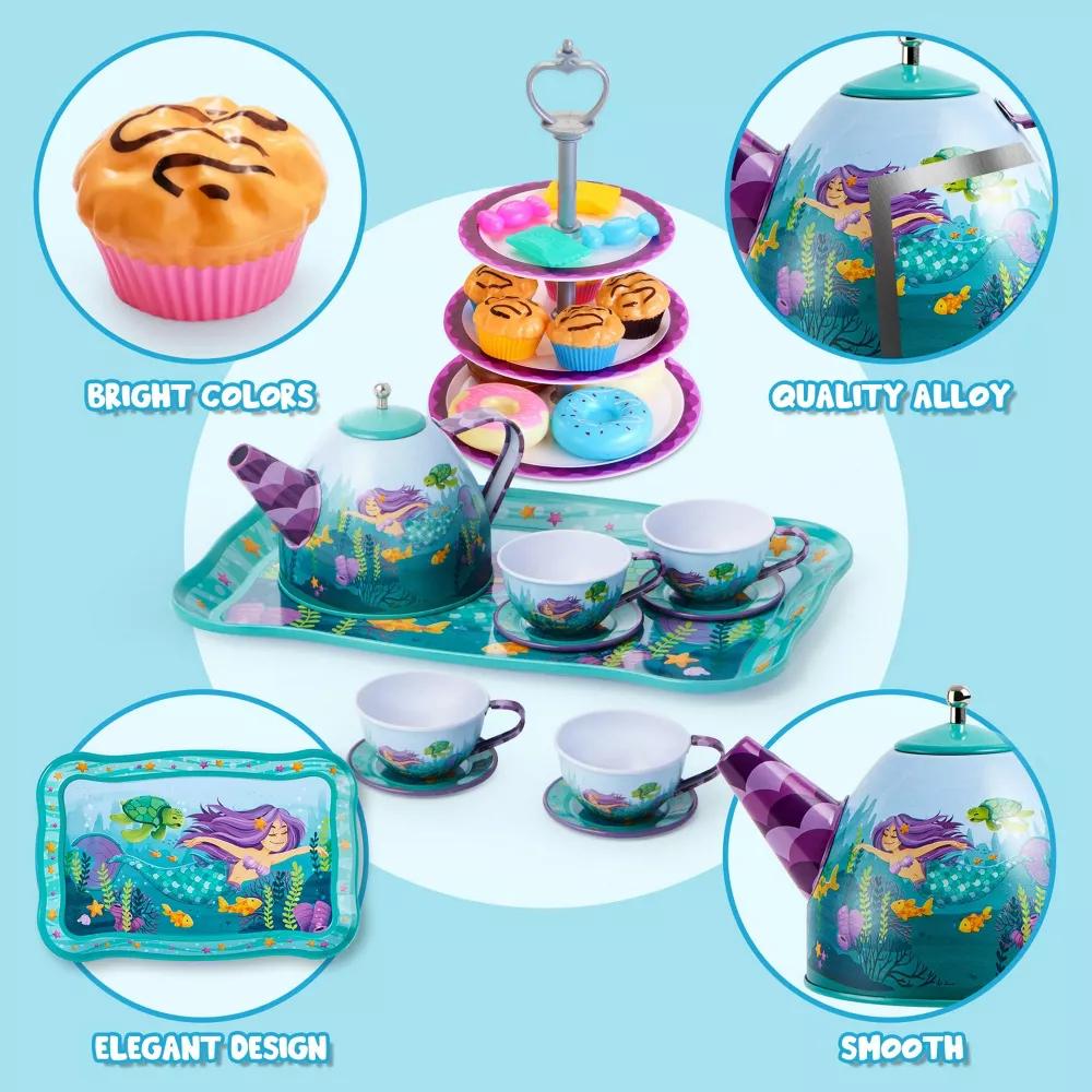 35Pcs Mermaid Tea Party Set for Girls,with Pretend Tin Teapot Set, Princess Tea Time Play Kitchen Toy,Best Birthday Gifts for Kids Age 3-6 - Image 2
