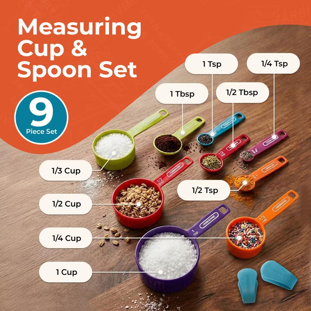 Farberware Kitchen Basics Measuring Cup & Spoon Set, 9-Piece Colorful Nesting Design with Easy-to-Read Markings - Dishwasher Safe, Plastic - Image 3