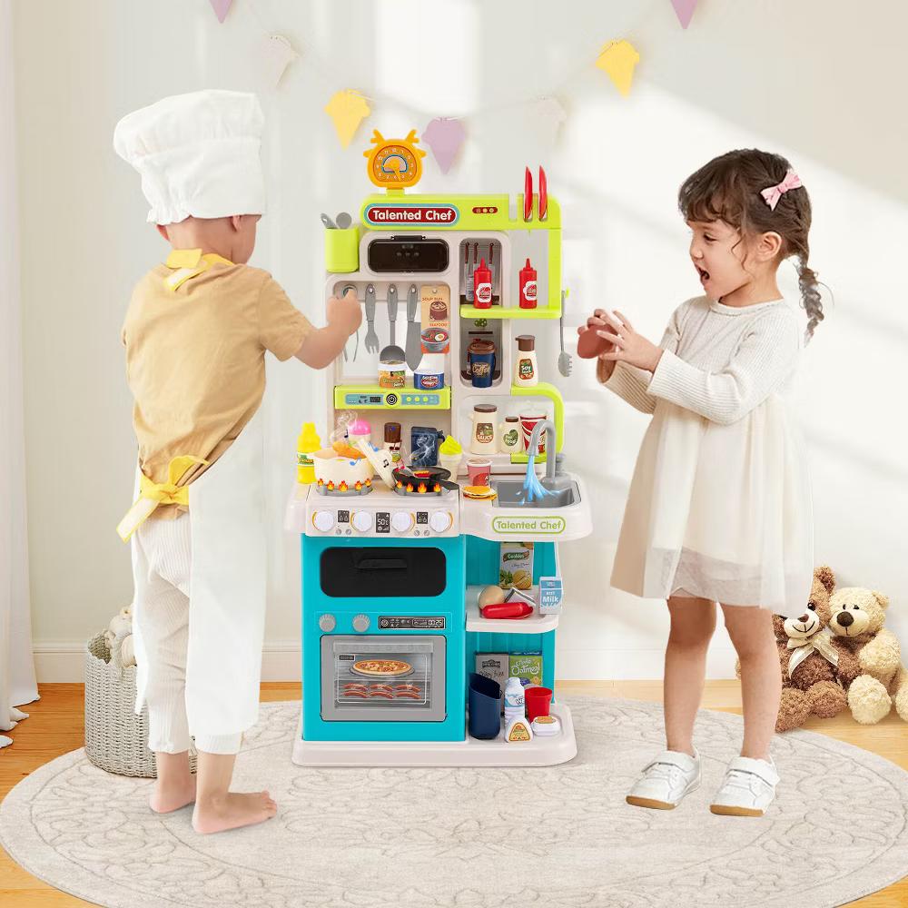 Kids Kitchen Playset with Realistic Sounds Lights Play Sink 95 PCS Accessories Blue/Pink - Image 9