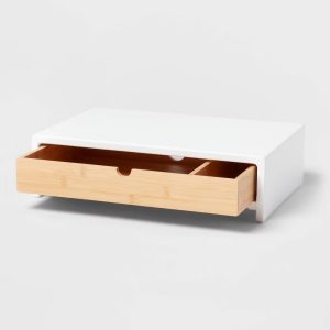 White Monitor Stand with Drawer - Desk Organizer, Office Supplies, Bamboo & Steel, Monitor Riser