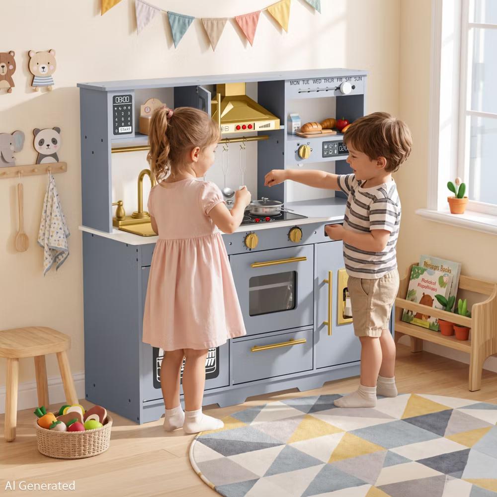 Wooden Play Kitchen for Kids with Running Water Sink, Interactive Stove, Ice Maker, Microwave, Oven & Dishwasher, Ages 3+ - Image 26