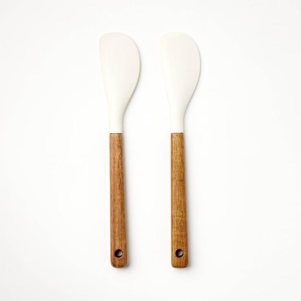 2pk Acacia Wood/Silicone Mini Spatula Set Cream - Flexible Kitchen Utensils, Hand Wash