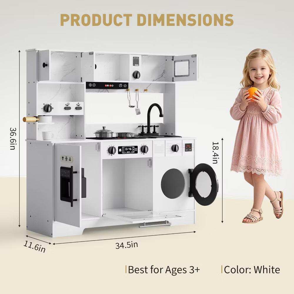 Wooden Play Kitchen for Kids, Wooden Kids Play Kitchen Playset with Lights Sounds, Toddler Pretend Cooking Set with Toy Food Cookware Accessories - Image 4