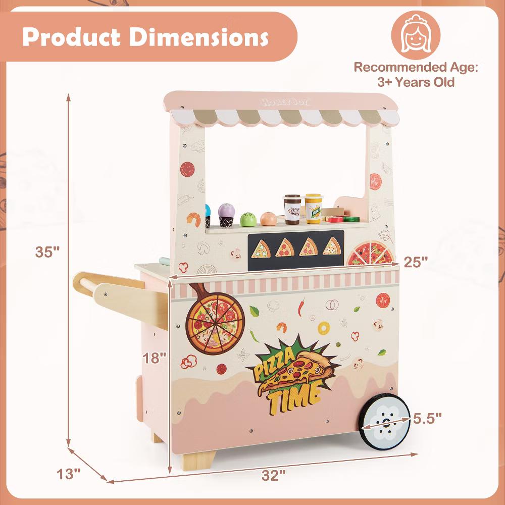 2 in 1 Pretend Play Food Truck Kids Ice Cream & Pizza Cart w/ Canopy Oven - Image 6