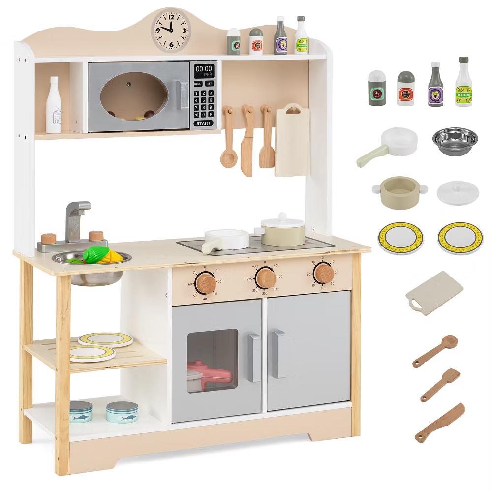 Wooden Play Kitchen for Kids Cooking Toy Playset w/ Microwave Stove Dish Rack - Image 7