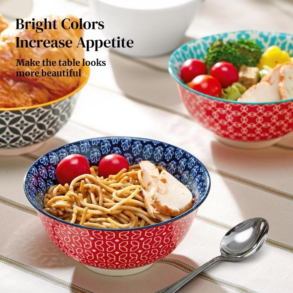 Etokfoks Set of 6 23oz Ceramic Soup and Cereal Bowls Vibrant Colorful Geometric Porcelain Kitchen Bowls Dishwasher Microwave Safe - Image 2
