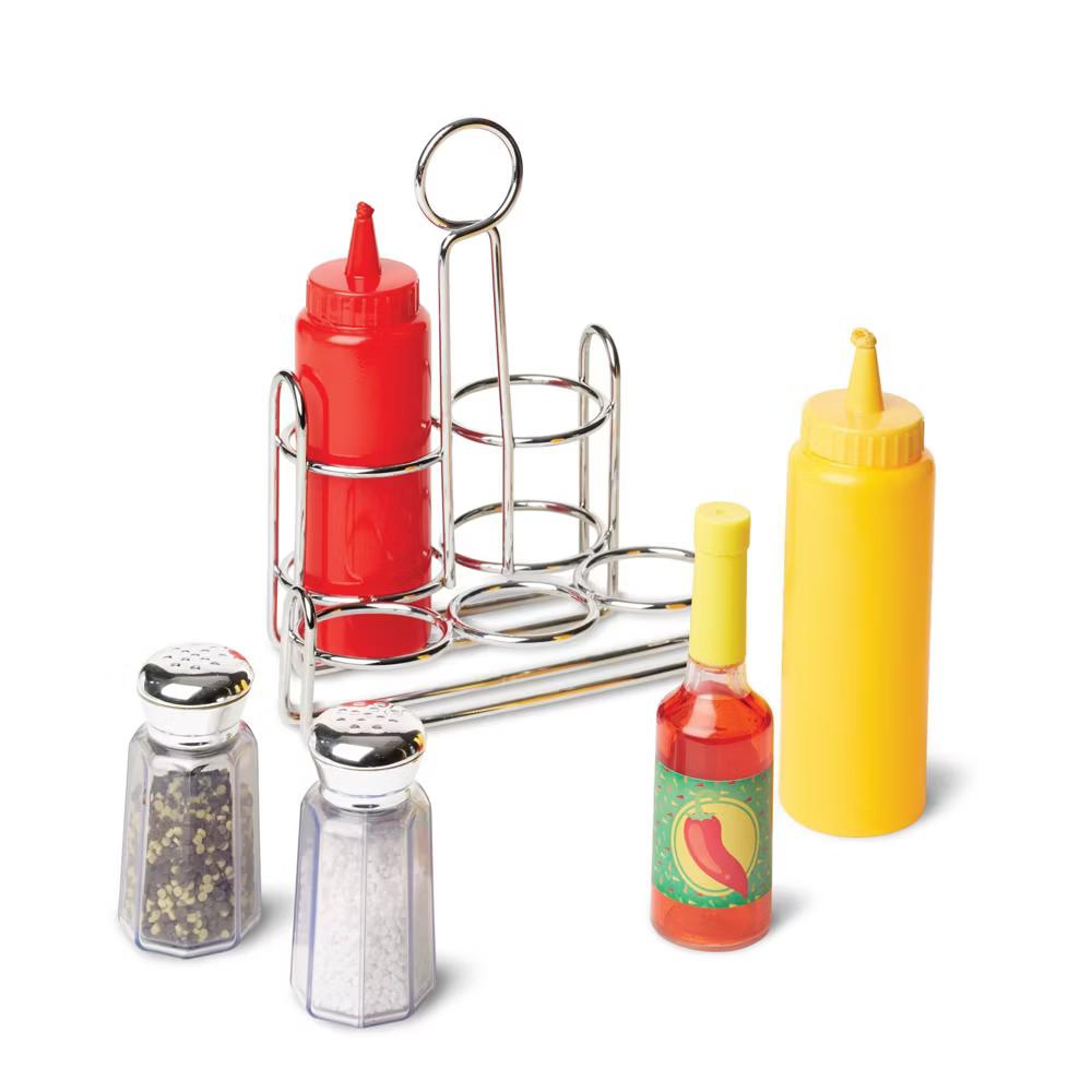 Condiments Set (6pc) - Play Food, Stainless Steel Caddy: Pretend Kitchen Toys, Fine Motor Skills