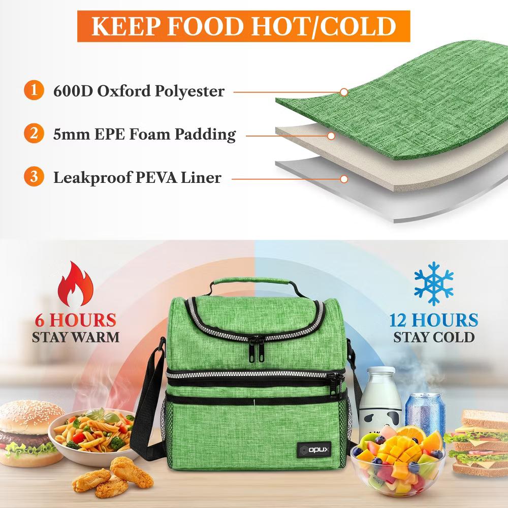 Double Decker Lunch Box Men Women, Insulated Leakproof Cooler Bag Adult Work, Dual Compartment Pail Tote Boys Girls Kids - Image 58