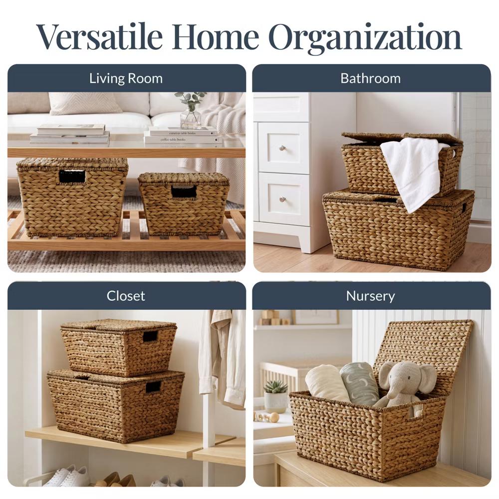 Set of 2 X-Large & Medium Woven Storage Baskets W/Lids, Hyacinth Nesting Organizer Bins - Natural - Image 11