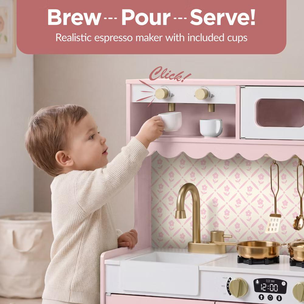 Wooden Cottage Kids Pretend Play Kitchen with 11 Accessories, Espresso Machine - Pink - Image 24