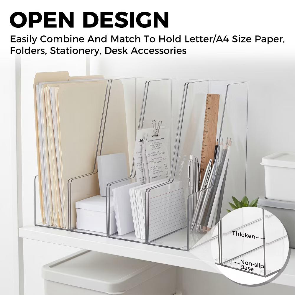 4 Slot Clear Acrylic File Organizer, Vertical Plastic Magazine Holder Desk File Sorter, Multi Compartment Document Folder Rack for Office Home - Image 5
