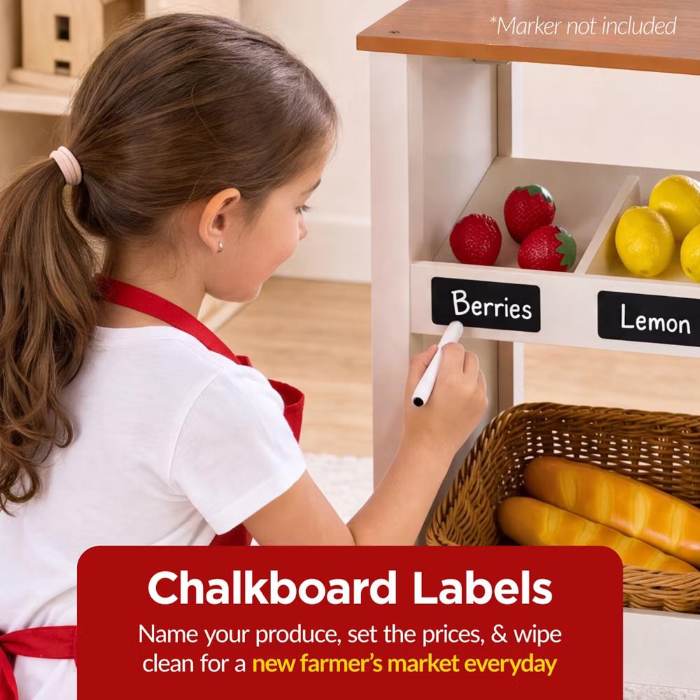 Wooden Farmers Market Stand for Kids with 22 Play Food Accessories, Pretend Grocery Store - Image 8
