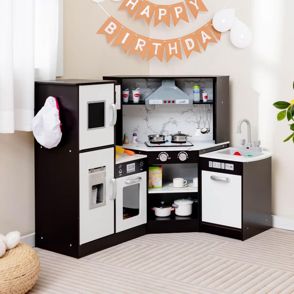 Kids Corner Kitchen Playset Wooden Pretend Play Toy with Microwave WhiteCoffee - Image 2