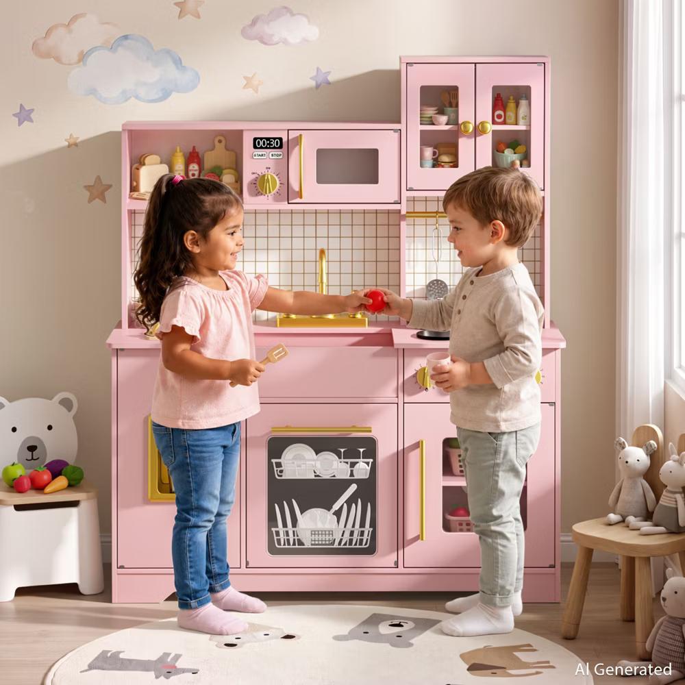 Wooden Play Kitchen with Running Water Sink, Clicking Stove Knobs, Microwave, Oven, Ice Maker & Storage, Ages 3+ - Image 32