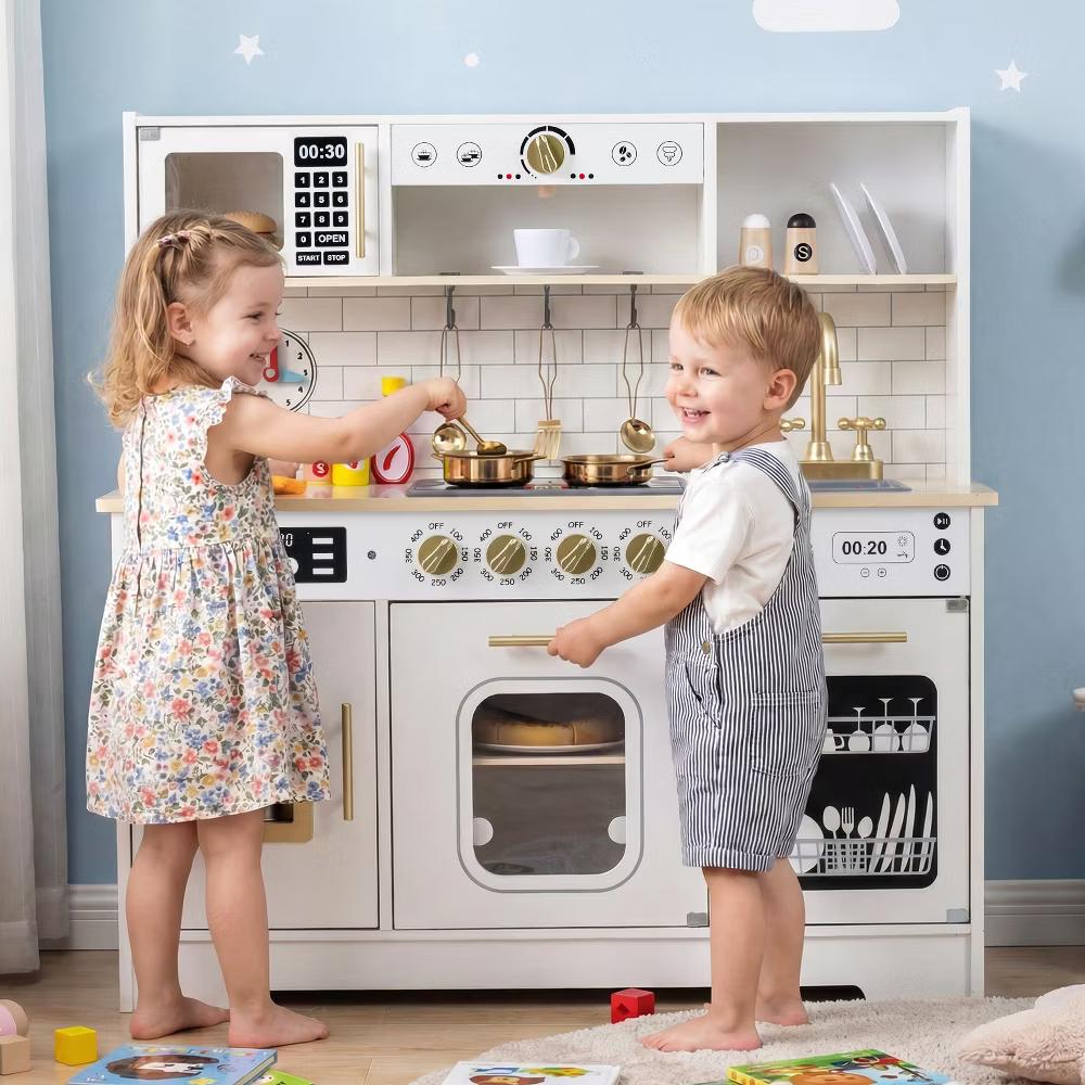 Play Kitchen for Kids, Wooden Kitchen Playset with Realistic Lights & Sounds White/Black - Image 20