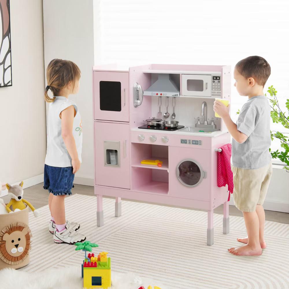Kids Pretend Kitchen Play Set Toddler Toy Wooden Chef Height Adjustable with Sounds - Image 2