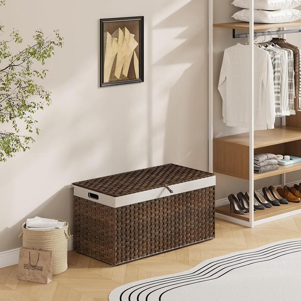 ACOINEL 52.8 Gallon (200L) Storage Basket with Lid, Handwoven Wicker Blanket Basket with Handles, Foldable Laundry Basket - Image 3