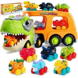 Dinosaur Truck Toy with 6 Rubber Car, Music & Lights, Dinosaur Car Carrier Truck Toy, Toddler Christmas Birthday Gift for 2 3 4 5 Year Old Boys