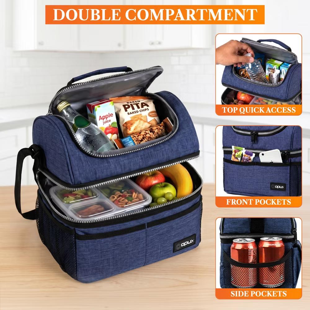Double Decker Lunch Box Men Women, Insulated Leakproof Cooler Bag Adult Work, Dual Compartment Pail Tote Boys Girls Kids - Image 69