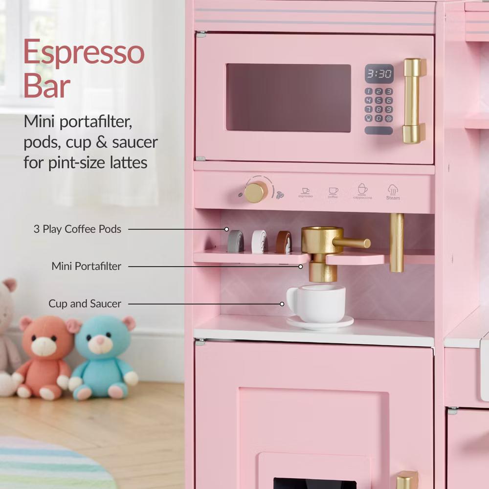 Wooden Toddler Kitchen Playset with Espresso Machine, Toy Storage and 17 Accessories - Pink - Image 4