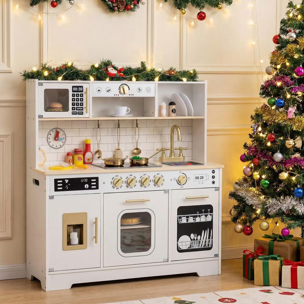 Play Kitchen for Kids, Wooden Kitchen Playset with Realistic Lights & Sounds White/Black - Image 16