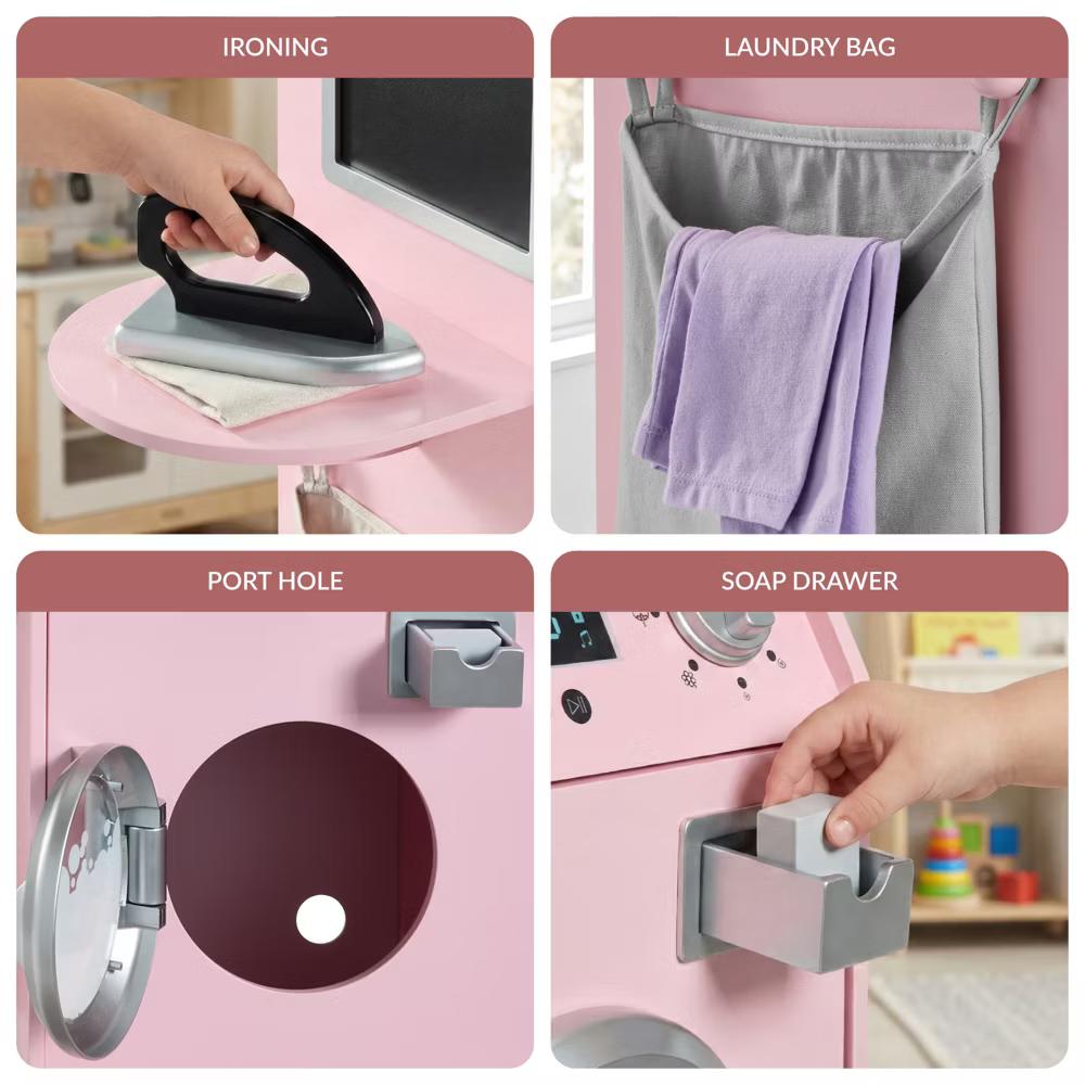 Pretend Play Kids Wooden Stacked Washer & Dryer Set w/ Toy Laundry Storage and Accessories - Pink - Image 2