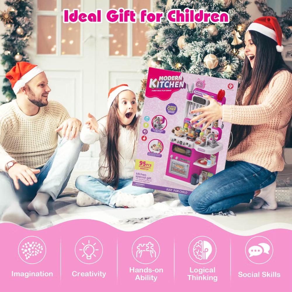 Kids Kitchen Playset with Realistic Sounds Lights Play Sink 95 PCS Accessories Blue/Pink - Image 16