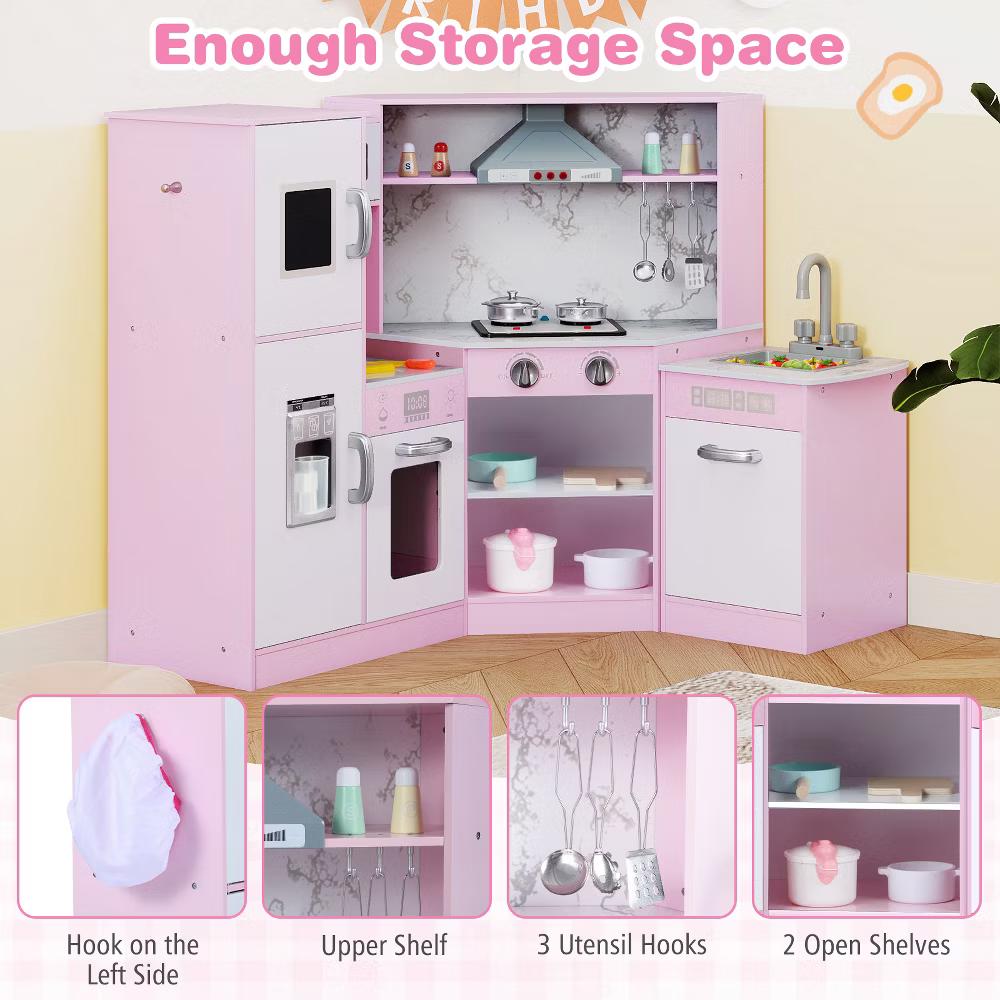 Kids Corner Kitchen Playset Wooden Pretend Play Toy w/ Microwave & Ice Maker - Image 3