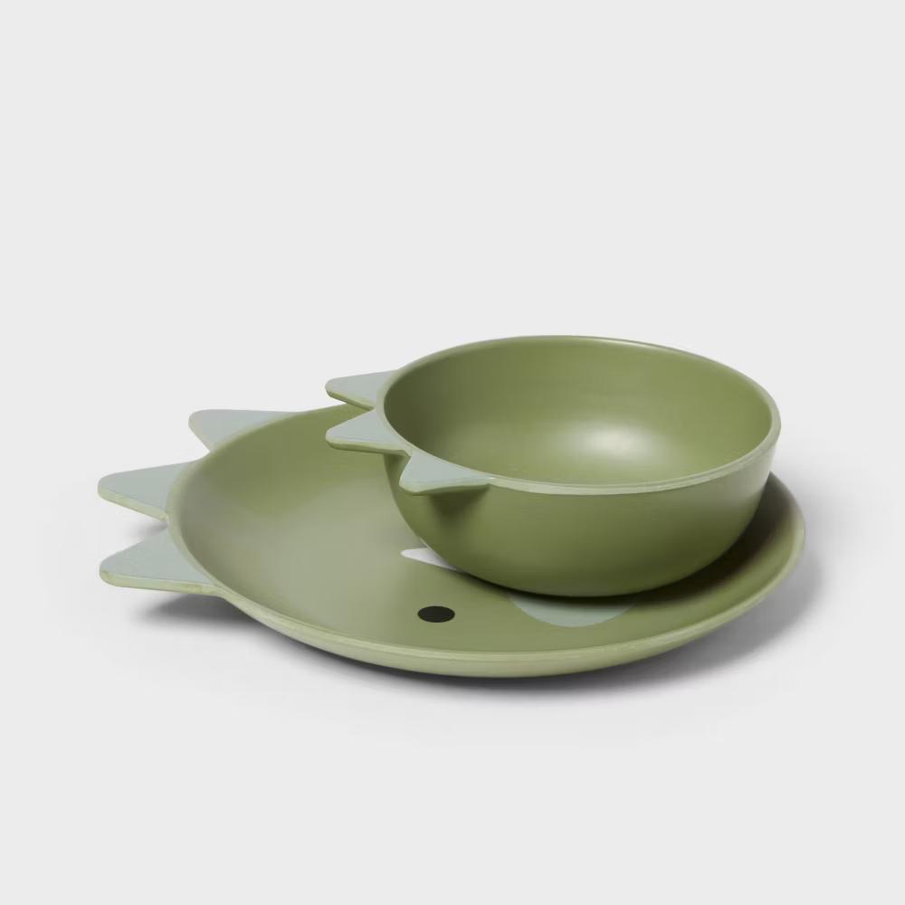 Kids' 2pc Bamboo and Melamine Dino Dinnerware Set Green - Image 2