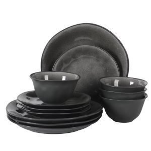 Port Barton Plates and Bowls Sets, 12-Piece Stoneware Dinnerware Sets, Reactive Glaze Dish Set, Service for 4