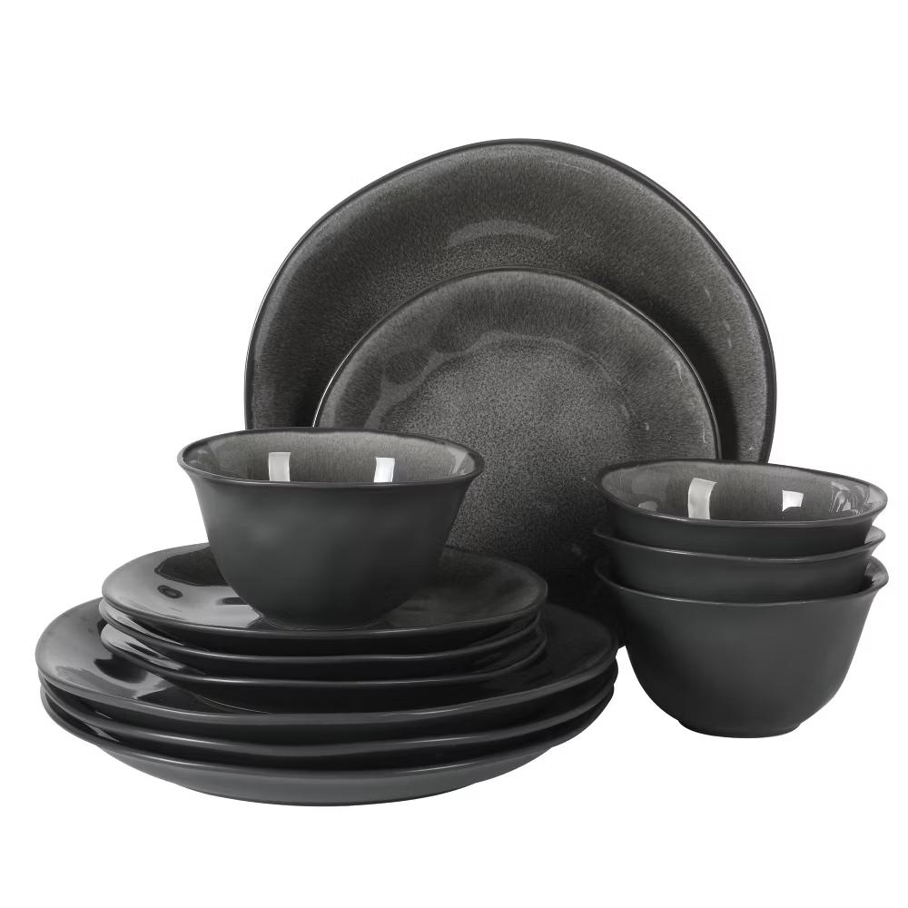 Port Barton Plates and Bowls Sets, 12-Piece Stoneware Dinnerware Sets, Reactive Glaze Dish Set, Service for 4