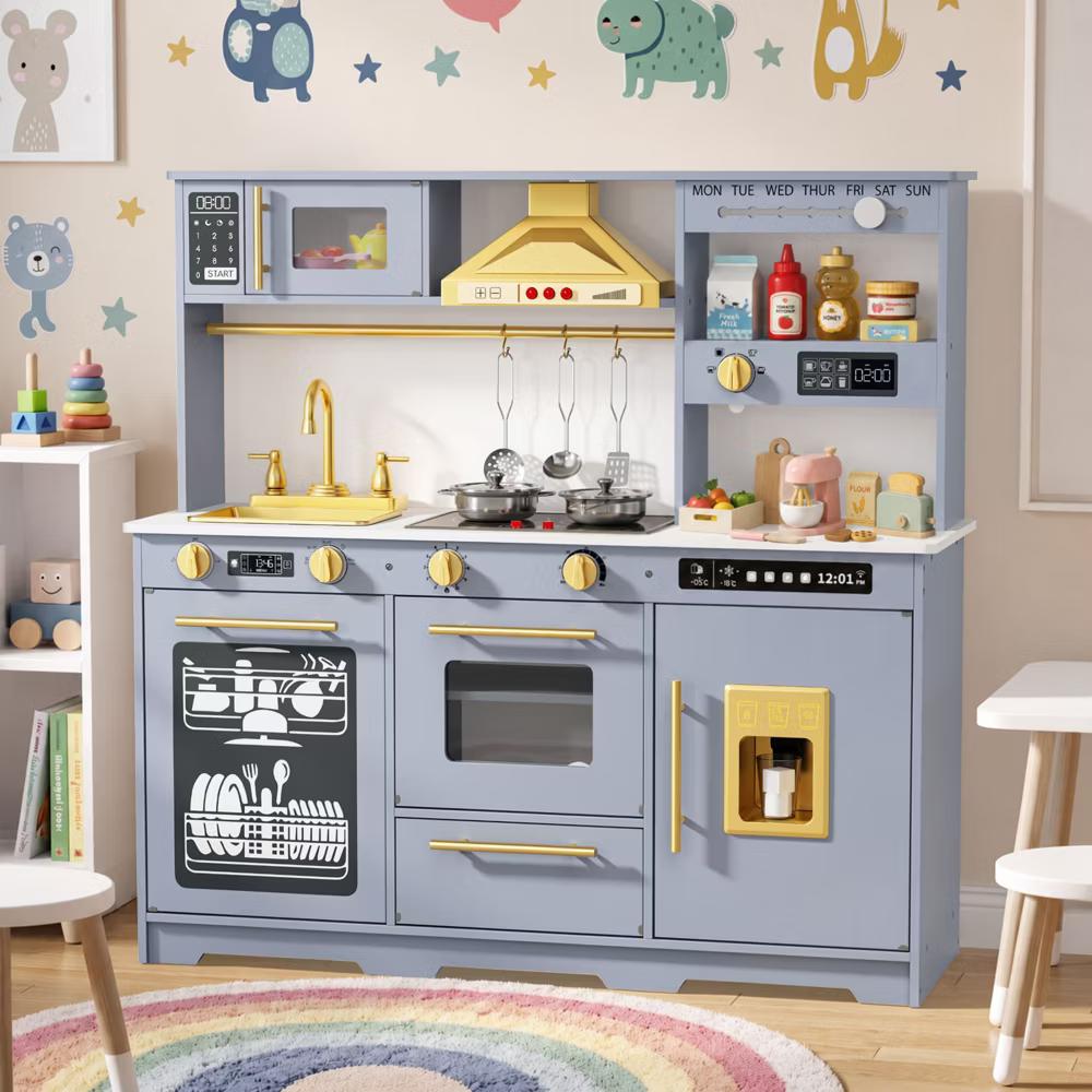 Wooden Play Kitchen for Kids with Running Water Sink, Interactive Stove, Ice Maker, Microwave, Oven & Dishwasher, Ages 3+ - Image 30
