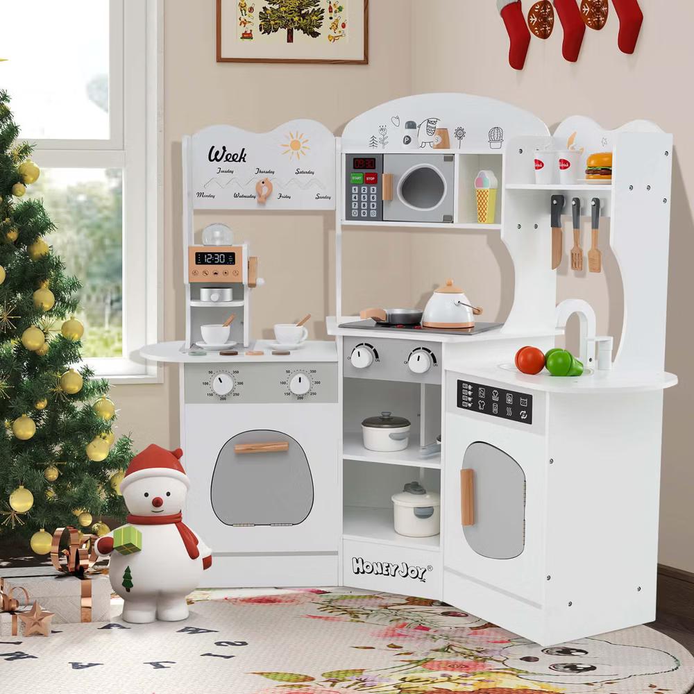 Corner Kitchen Playset with Coffee Machine Oven Microwave Washing Machine White/Brown/Pink - Image 27