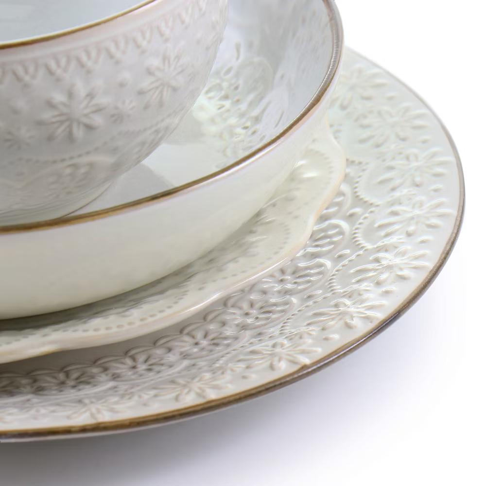 Countess 16 Piece Embossed Double Bowl Stoneware Dinnerware Set in Ivory - Image 8
